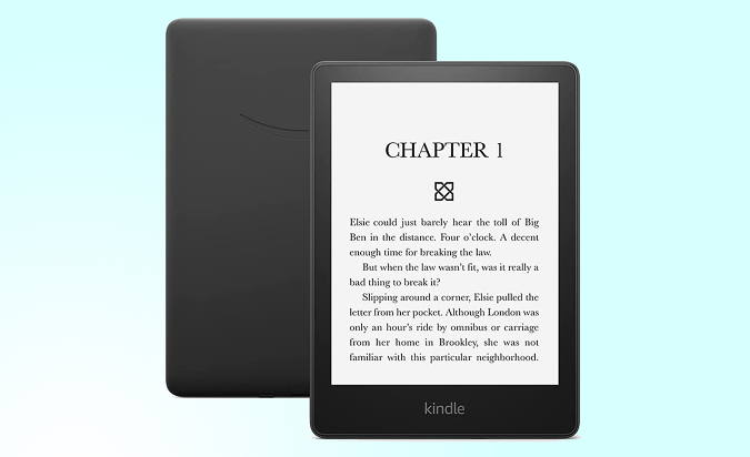 The Amazon Kindle Paperwhite on a light blue background.