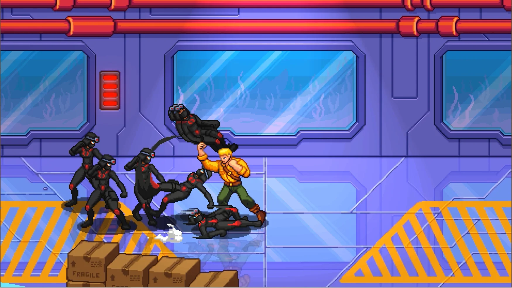 Gameplay still from the upcoming beat ‘em up ‘G.I. Joe: Wrath of Cobra.’ Duke (gold shirt, green jeans) swings an uppercut as various Cobra soldiers go flying. Blue background with futuristic windows and red pipes in a retro 80s / 90s art style.