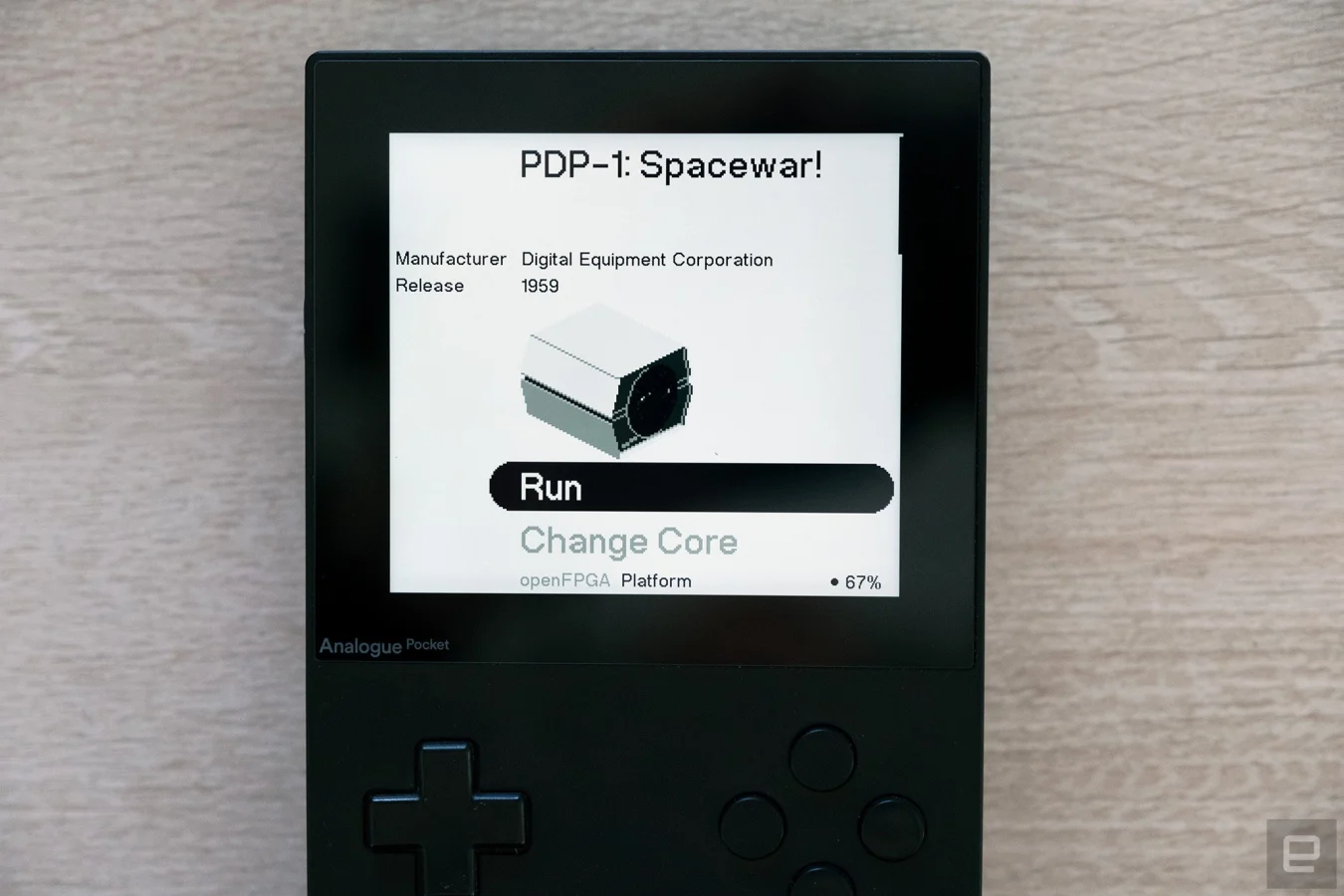 The Analogue Pocket gaming handheld shown with the first third party-developed core. This core allows Pocket owners to play one of the first every videogames - Spacewar!