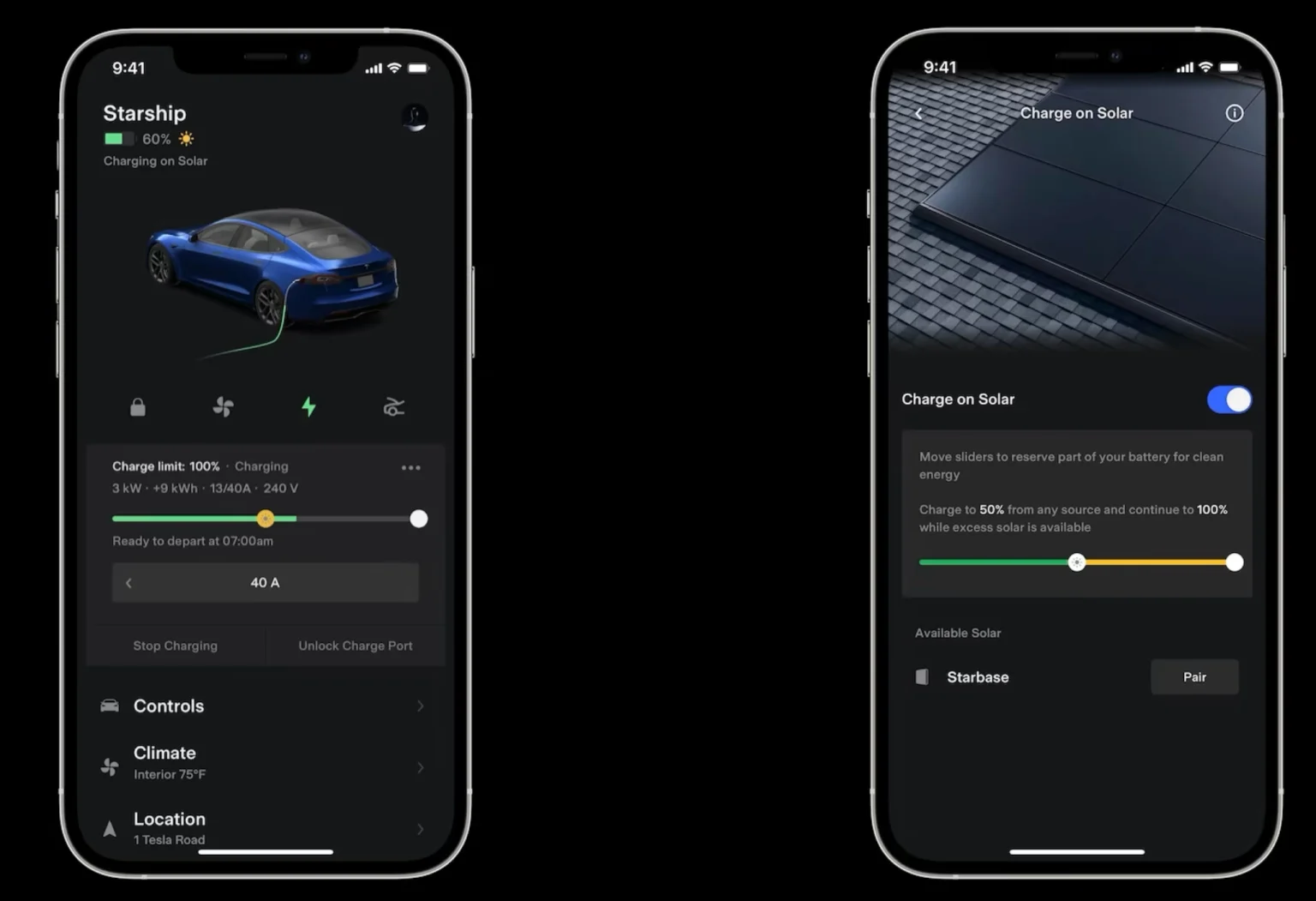 Screenshots of Tesla's new Charge on Solar feature.
