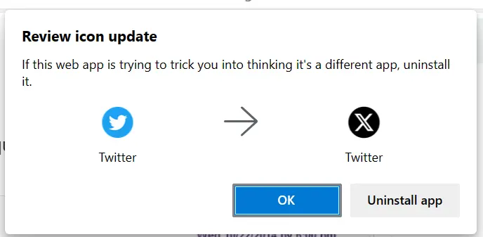 An alert from Microsoft Edge suggesting that the Twitter rebrand to X may be a scam.