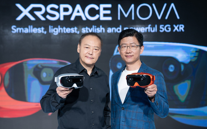 XRSpace founder Peter Chou and platform president Sting Tao holding the Mova headset.