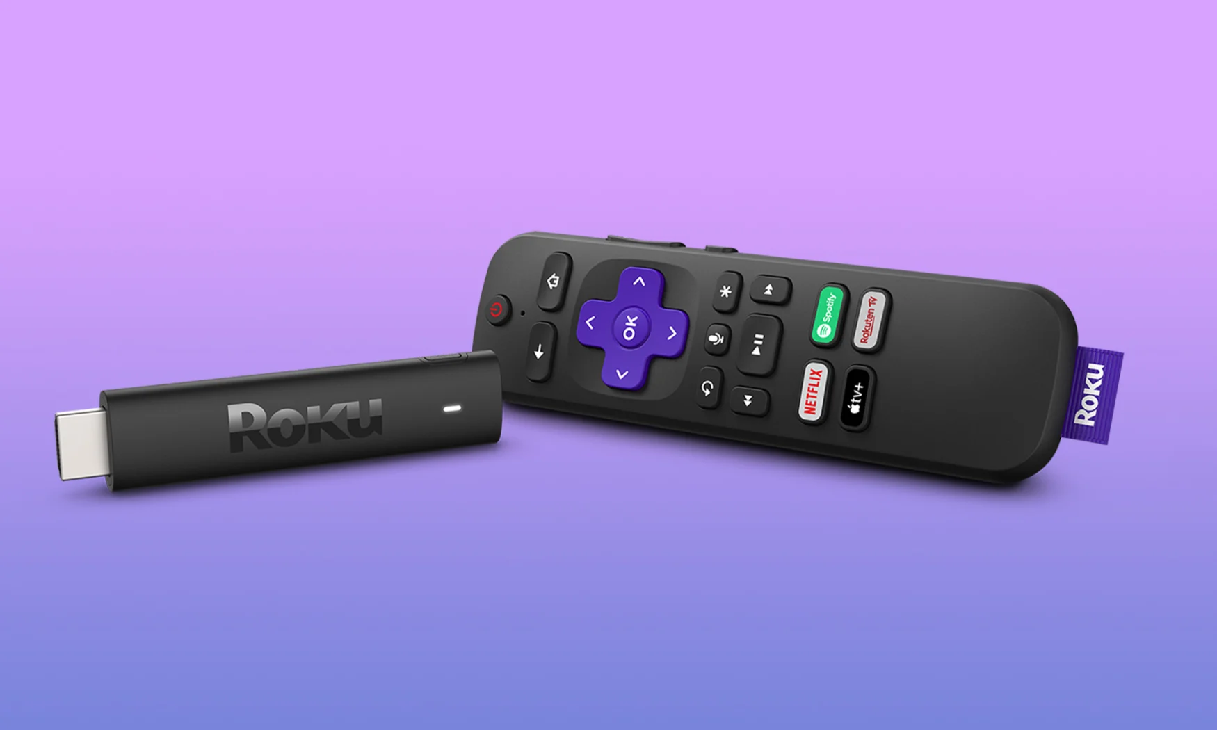 The Roku Streaming Stick 4K seen against a purple gradient background.