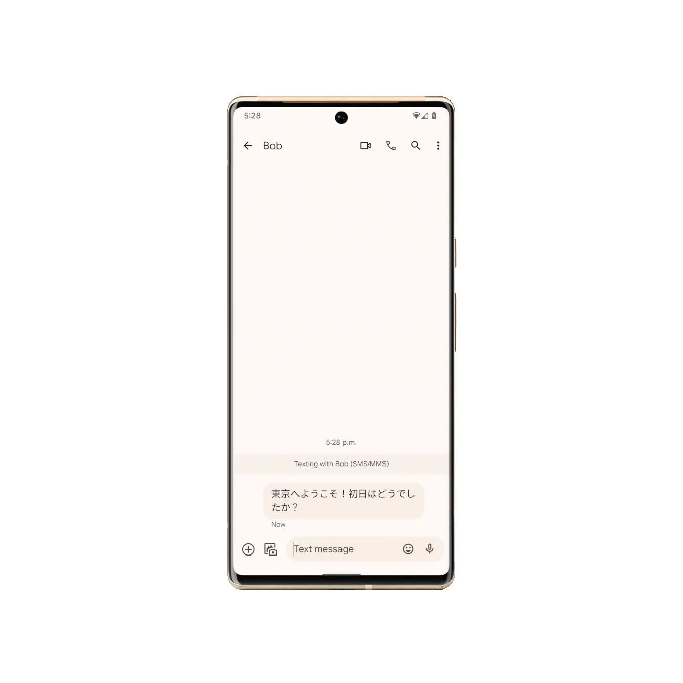 Live Translate on the Pixel 6 messages app. An animation showing a message being typed out in English in the Messages app and simultaneously translated to Japanese.