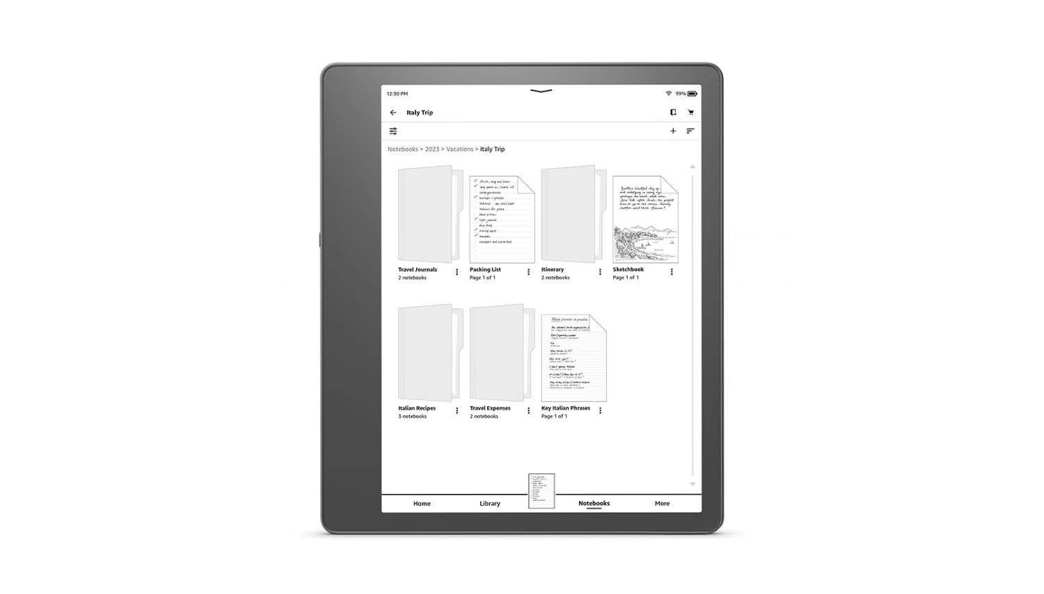 Kindle Scribe product photo showing a screen with folders and subfolders.