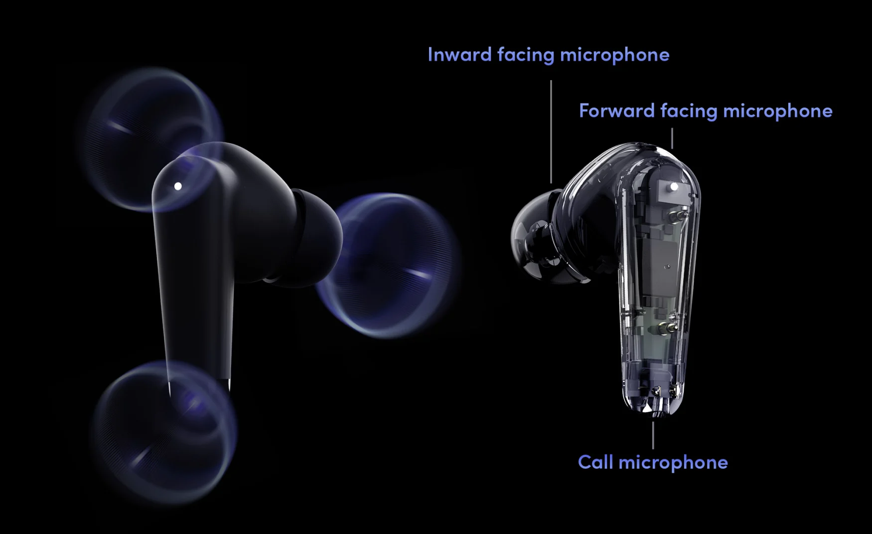 An image showing the three microphones in each Palm Buds Pro earbud.