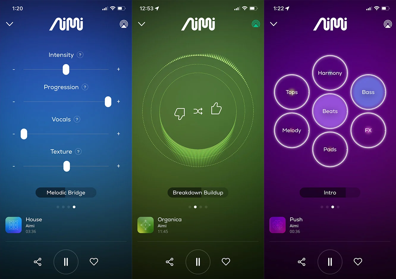 Three screenshots of the Aimi music app side by side.
