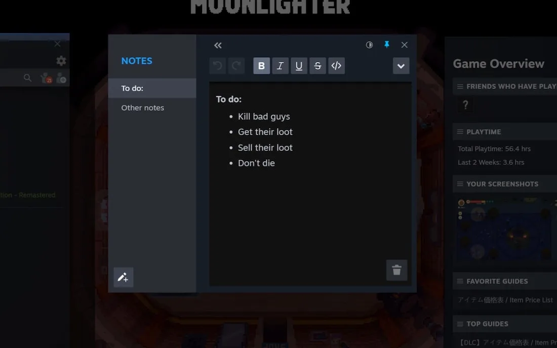 A pop up note shows things to do in a specific Steam game. 