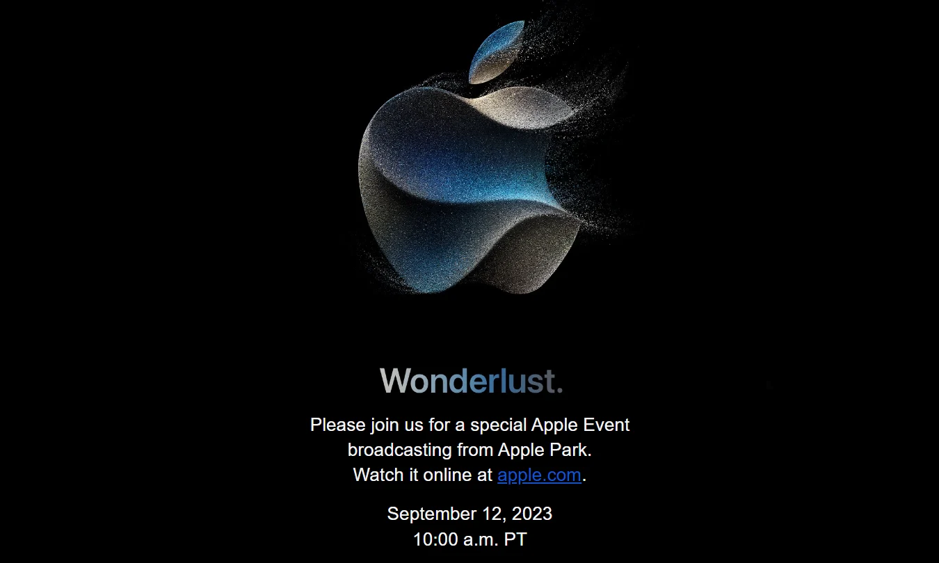 September 2023 Apple Event invite. Image shows a wavy Apple logo dissipating like sand in the wind. Text: 