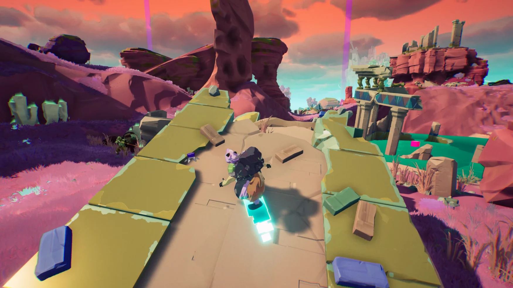 Promotional still from the upcoming game ‘Hyper Light Breaker.’ A character surfs down a ruined section of a building, ready to jump off the end. Desert terrain and ruins are visible in the background.