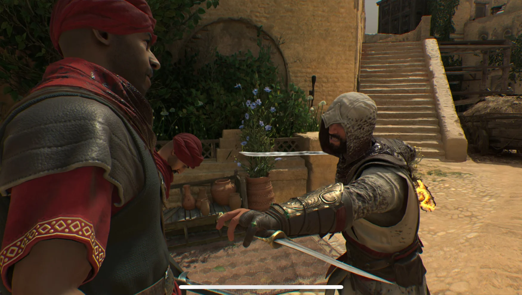A hooded figure prepares to thrust his sword through an enemy in Assassin's Creed Mirage.