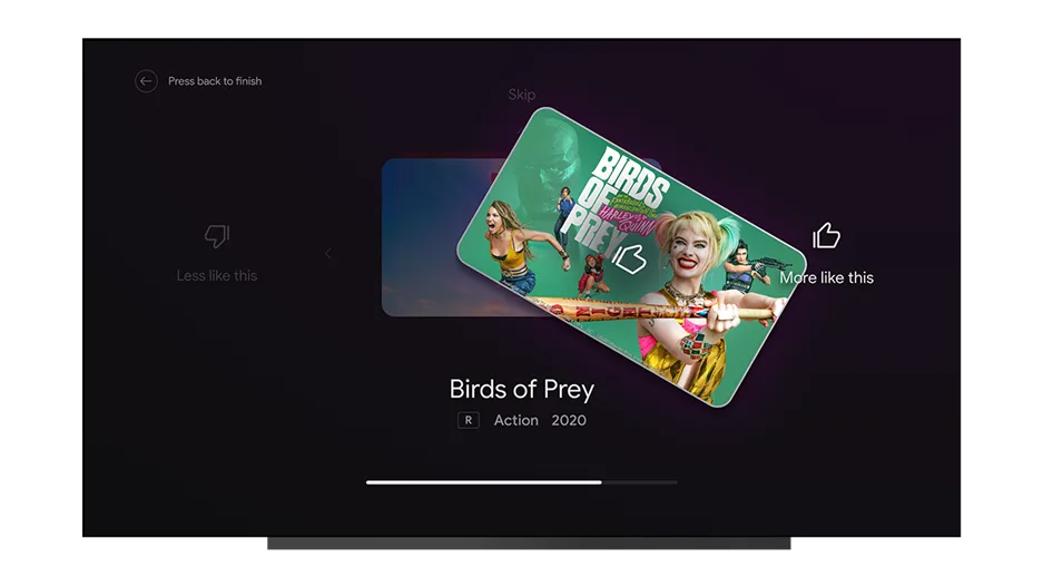 An image showing the new Android TV Tune Your Recommendations feature. The screen shows an off-kilter thumbnail of the movie