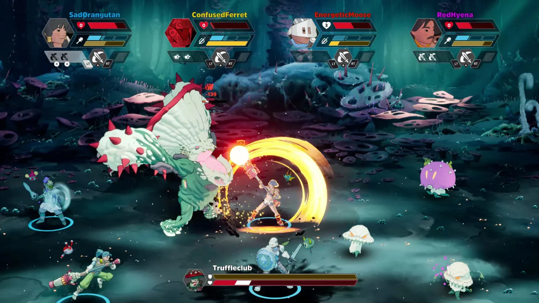 Screenshot from ‘Towerborne,’ featuring co-op brawler gameplay in a dark dungeon