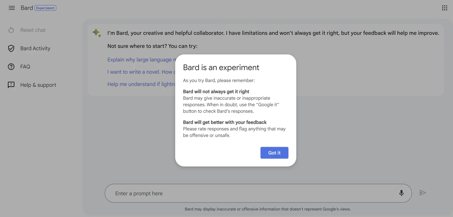 A screenshot showing Google's Bard AI chatbot, with a small window on top of the page saying 