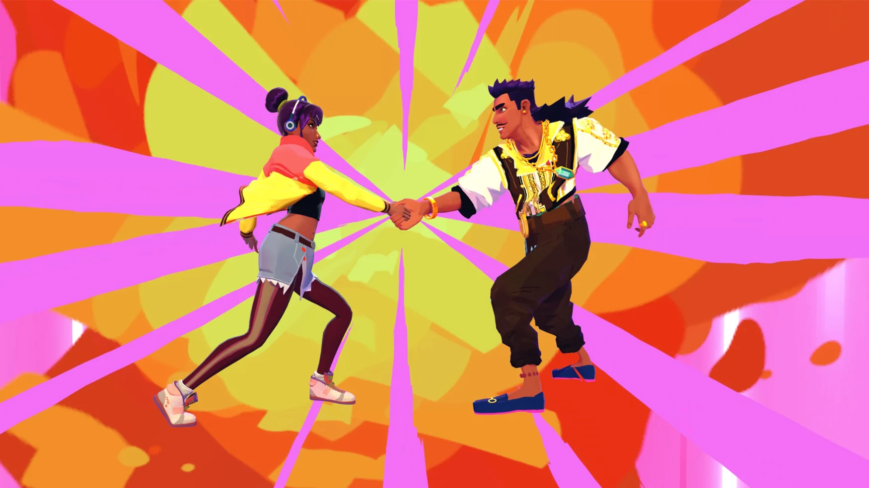 Gameplay still from ‘Thirsty Suitors’ featuring the hero Jala shaking hands with her narcissistic ex-boyfriend Sergio. Purple, yellow and orange patterns explode all around them, celebrating their resolution.