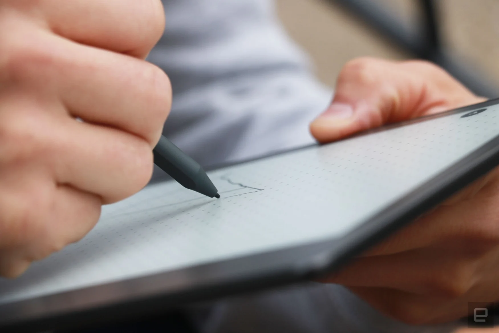 A close up of the Amazon Kindle Scribe's Premium Pen on its screen.