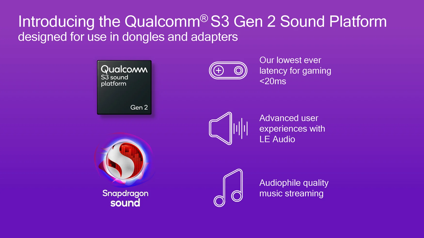 Slide demonstrating the Qualcomm S3 Gen 2 Sound platform. It advertises 