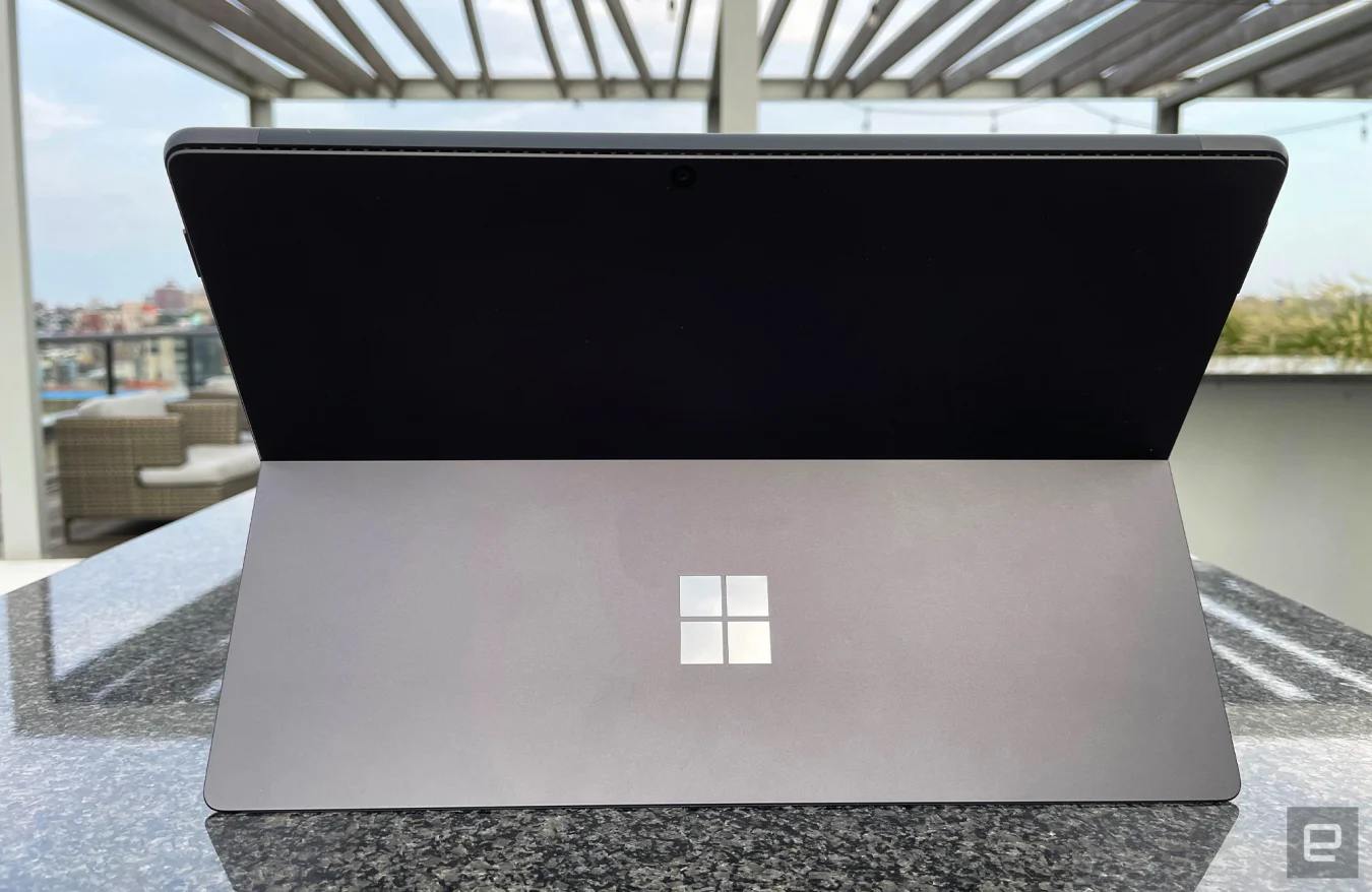 Microsoft's Surface Pro 8, photographed from behind on a roof deck.