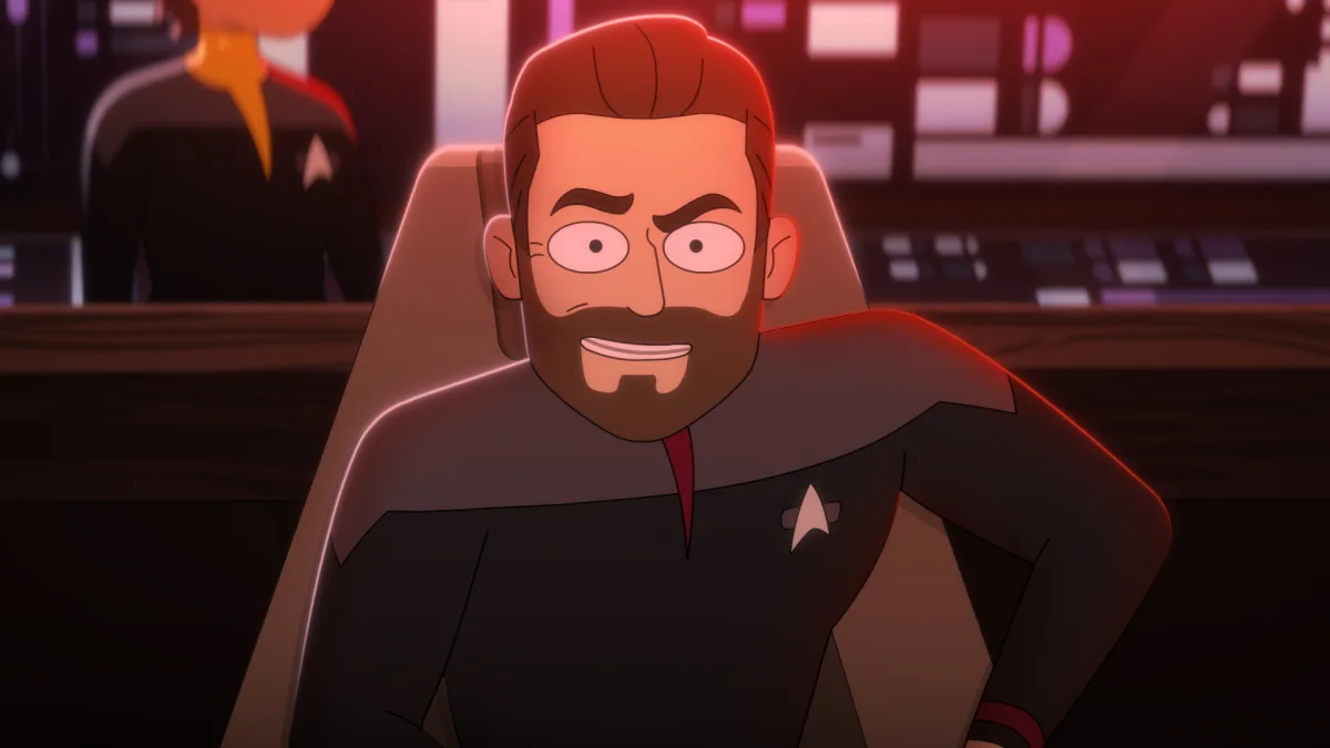 Pictured: Jonathan Frakes as Captain William T. Riker of the CBS All Access series STAR TREK: LOWER DECKS.   Photo Cr: Best Possible Screen Grab CBS 2020 CBS Interactive, Inc. All Rights Reserved.