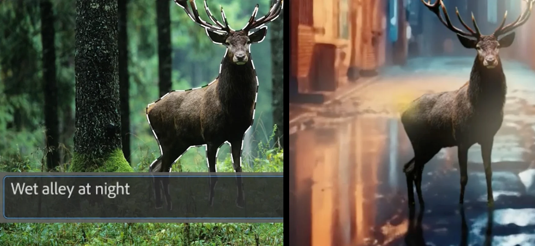 Immagine a schermo diviso (prima e dopo) dalla funzione Generative Fill AI di Adobe.  A sinistra, un'immagine originale di un cervo in una foresta (il cervo è delineato come una selezione).  Un prompt di testo di seguito dice 