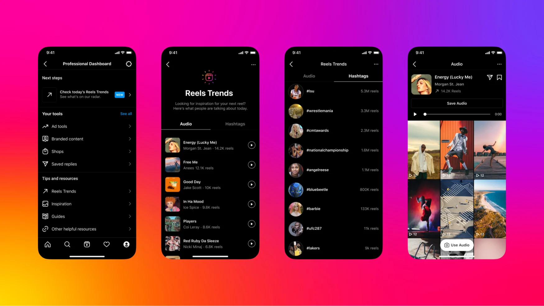 Screenshots showing the Reels Trends page on Instagram. The tab is designed to help creators find out which songs and hashtags are trending on the platform.