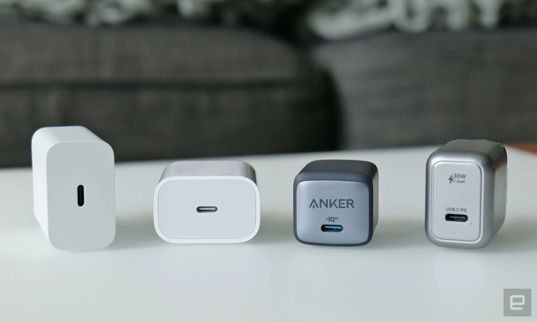 The Anker 711 (middle right) is our favorite 30-watt charger thanks to its fast speeds and compact size. 