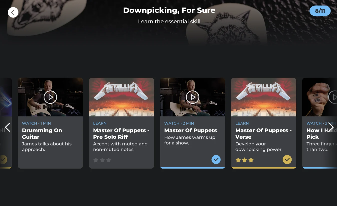 Screenshot of the Metallica course on the Youscian guitar instruction app.