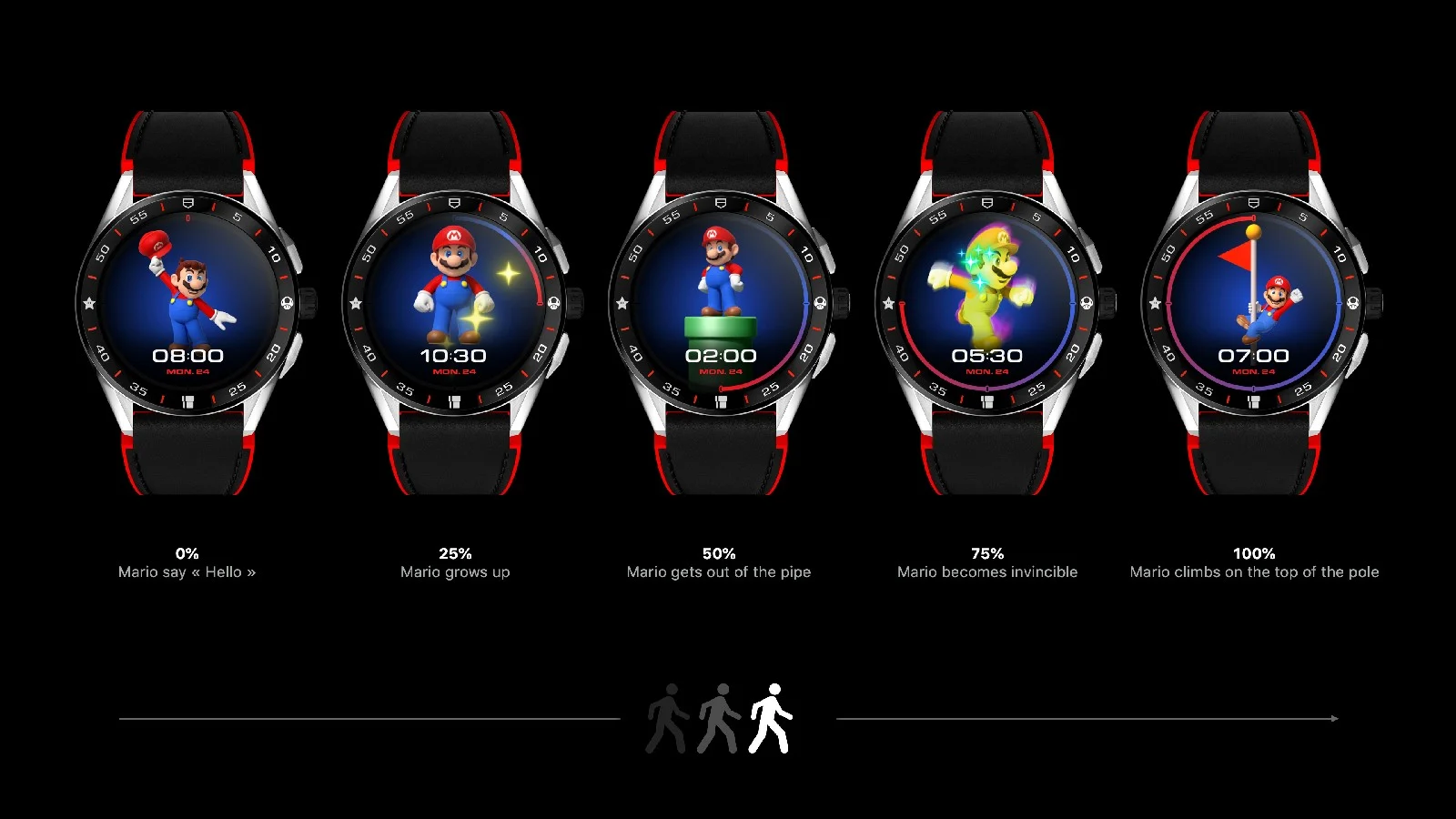 Five of the Tag Heuer Connected Limited Edition Super Mario watches with black-and-red straps. Each of them shows a different Mario image at different times of day.