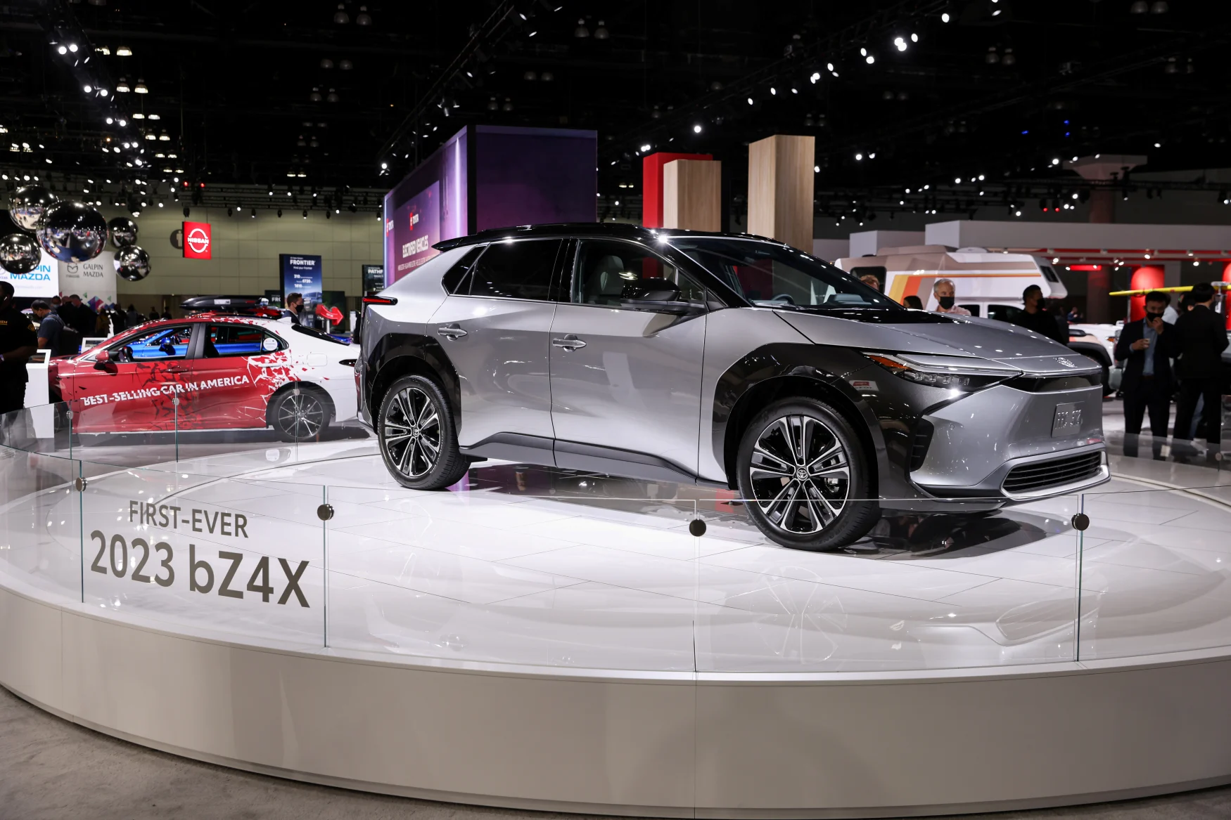 The 2023 Toyota bZ4X all-electric SUV is on display at the 2021 LA Auto Show on November 17, 2021 in Los Angeles, California, United States.  REUTERS/Mike Blake