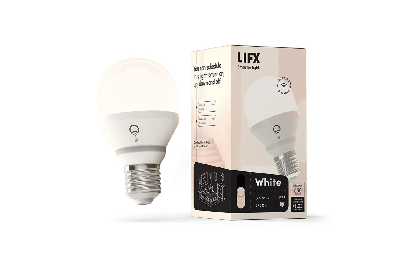 LIFX's White E26 smart light bulb outside of its box on a white background.