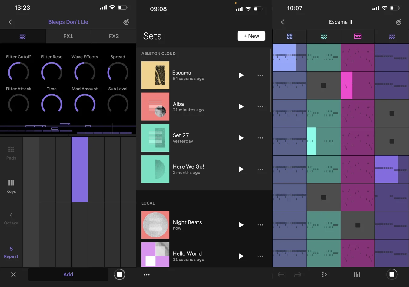 Three screenshots from the new 'Note' mobile app from Ableton