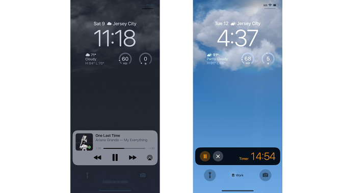 Dua tangkapan layar menunjukkan kotak Aktivitas Langsung baru di bagian bawah layar kunci baru di iOS 16 beta.  Yang pertama menunjukkan kontrol pemutaran Spotify, sedangkan yang kedua menunjukkan hitungan mundur 15 menit dengan opsi untuk menjeda atau membatalkan.