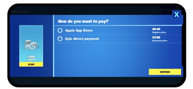 Fortnite payment screen on iOS