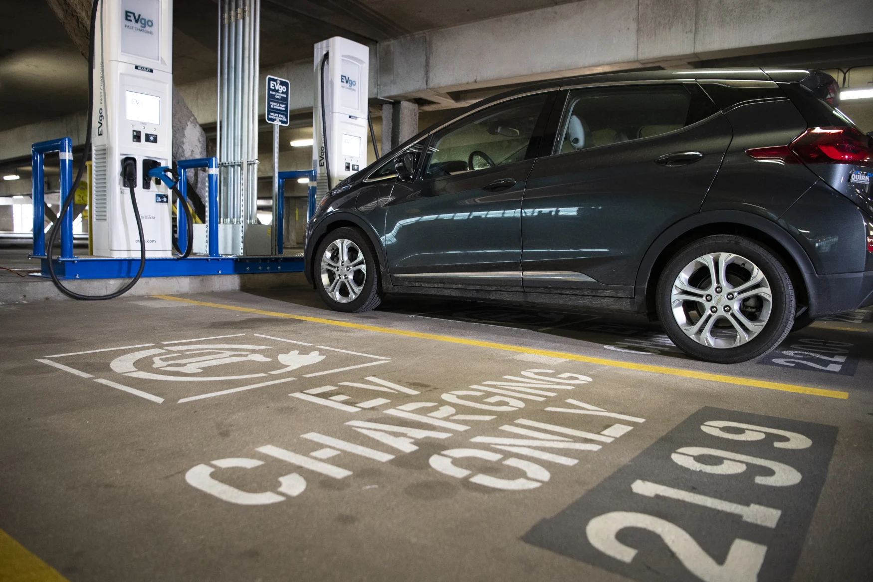 UNITED STATES - April 22: An EVgo charging station is pictured in the garage at Union Station in Washington on Thursday, April 22, 2021. (Photo by Caroline Brehman/CQ-Roll Call, Inc via Getty Images)