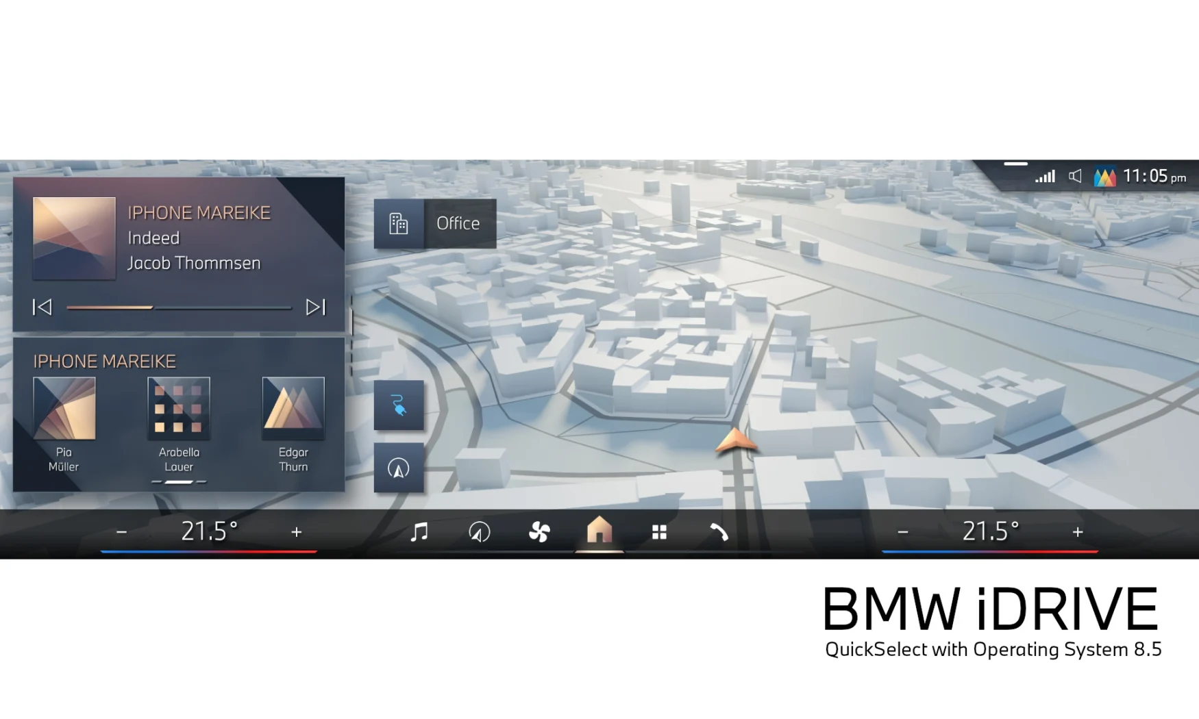 BMW 更新后的操作系统 8.5 信息娱乐主屏幕截图。 在左侧，它包括带有导航的电话控件和位于底部的任务栏（带有快捷方式）。