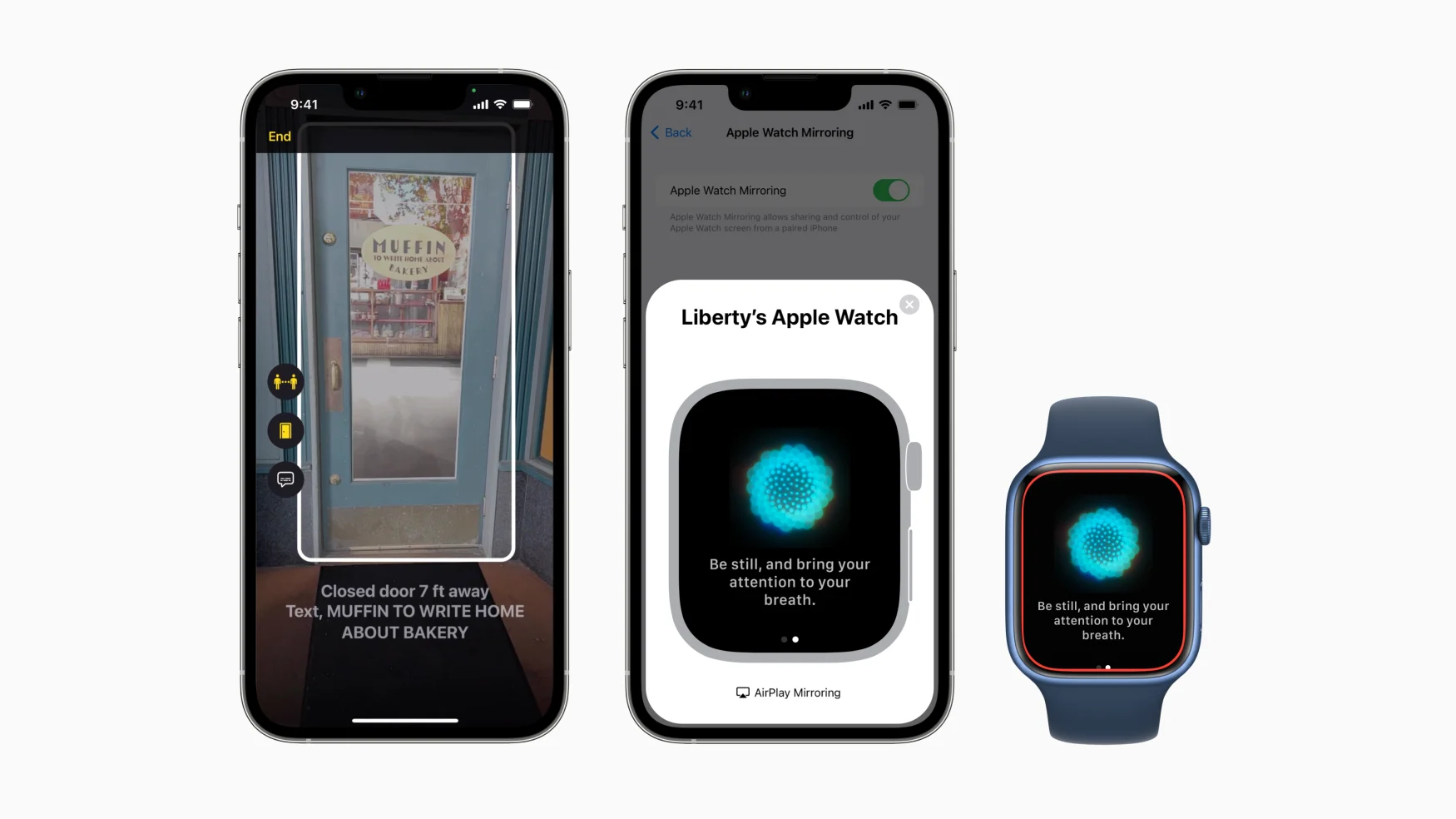 Two iPhones and an Apple Watch showcasing Apple's new accessibility features. The iPhone on the left shows Magnifier's new door detection tool, while the iPhone in the middle and the clock on the right show the new mirroring feature.
