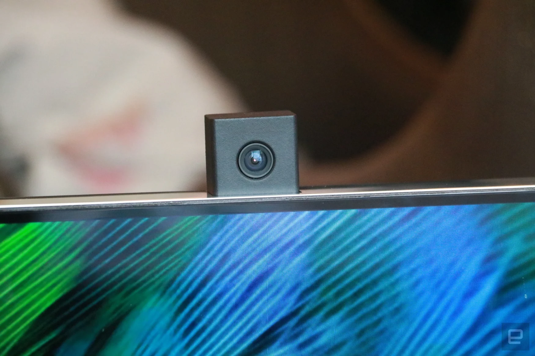 A close-up of the pop-up camera built into the top of the Displace TV.
