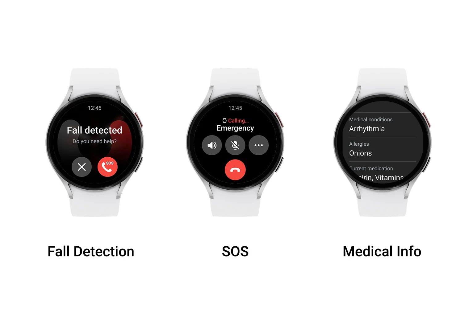 Foto produk yang menunjukkan deteksi jatuh Samsung One UI 5 Watch, fitur SOS, dan layar info medis.