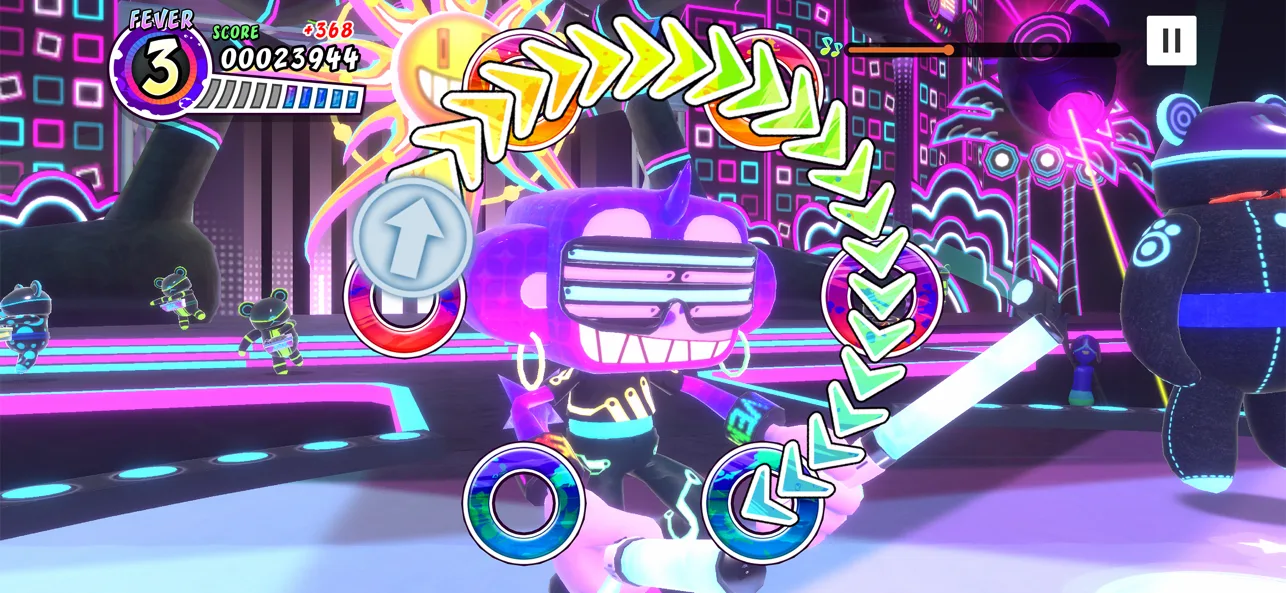 Marketing nog steeds voor Sega's Apple Arcade-game 'Samba de Amigo: Party-To-Go.'  Samba (met een paars gezicht en retro-futuristische zonnebril) loopt uit met gloeistaven terwijl een spiraal van ritmebegeleiding verschijnt als een HUD-overlay.  Dansende kikkers boogie achter hem aan.
