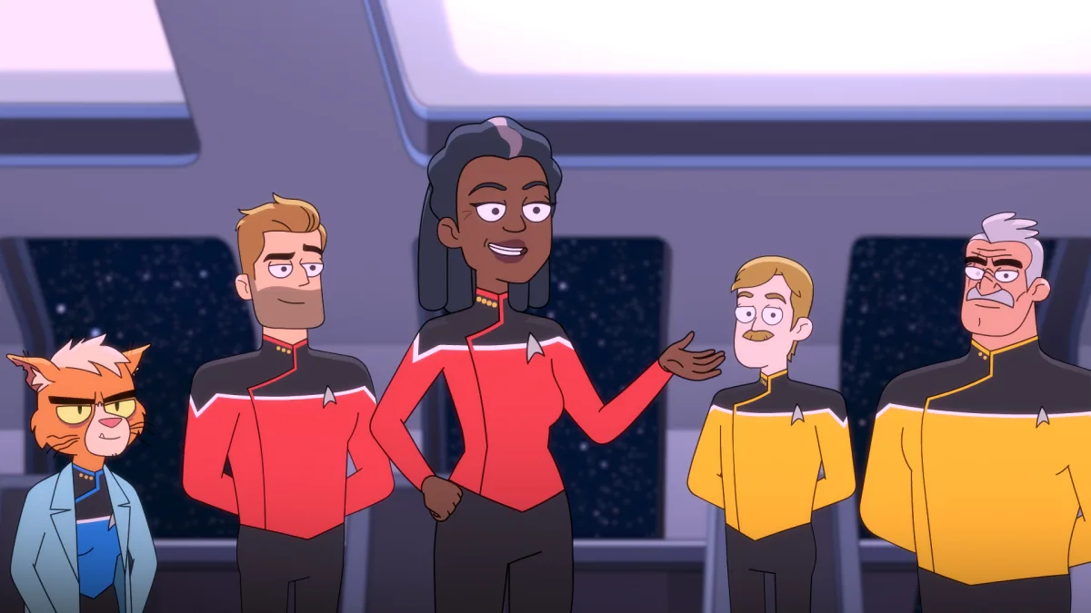 Pictured Gillian Vigman as Dr. T'ana, Jerry O'Connell as Commander Ransom, Dawnn Lewis as Captain Freeman, Paul Scheer as Lt. Commander Andy Billups and Fred Tatasciore as Lieutenant Shaxs of the CBS All Access series STAR TREK: LOWER DECKS.   Photo Cr: Best Possible Screen Grab CBS 2020 CBS Interactive, Inc. All Rights Reserved.
