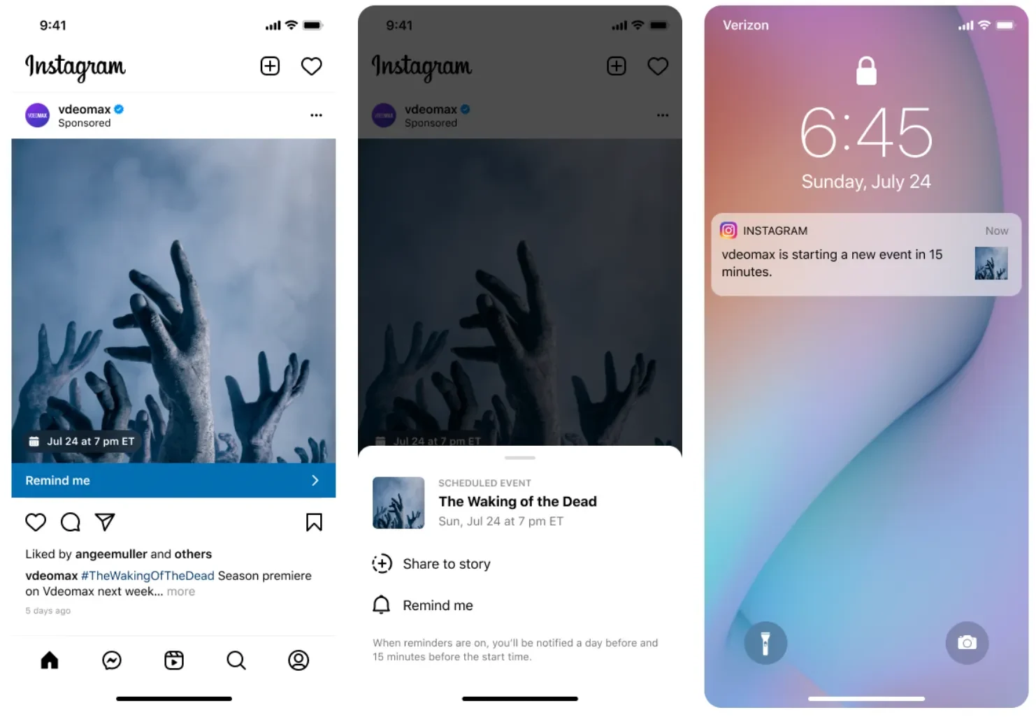 Screenshots showing how Instagram reminder ads will look like.