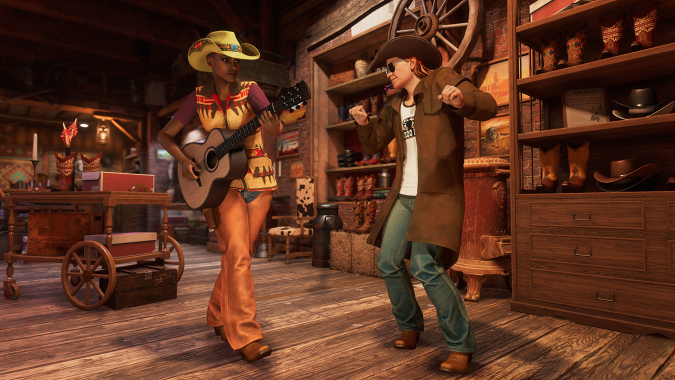 A pair of friends dance along inside a Cowboy-themed bar.