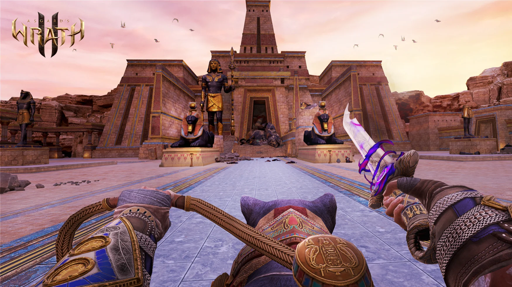 A screenshot of Asgard's Wrath 2 from a first-person perspective.  One of the player character's hands is holding a leash for a panther, which they are riding on.  The other had a sword pointing towards an ancient Egyptian temple.