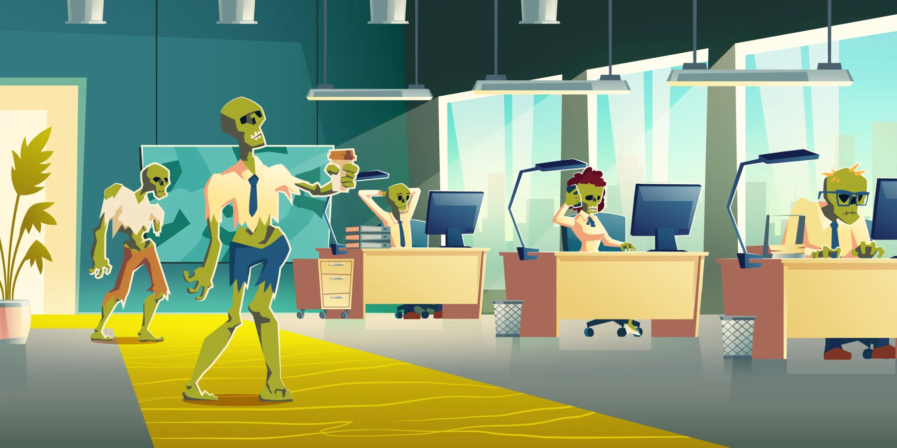 Exhausting office work concept. Female, male zombie characters in ragged clothing, working on computer, using cellphone at desks, walking with coffee cup in office interior cartoon vector illustration