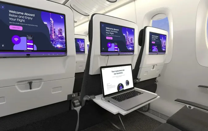 Image of United Airlines' new 4K IFE displays in a row of airplane seats.