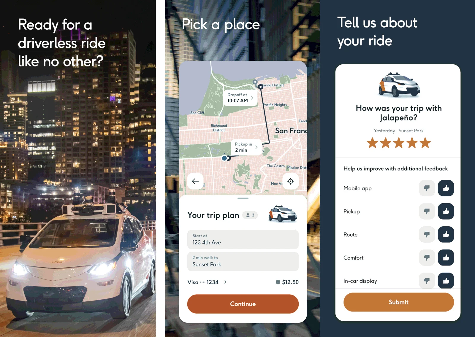 Photos of a car, a map showing a trip plan's pickup and drop off, and a rating page asking the use to rate a trip with a ride-hailing service. 