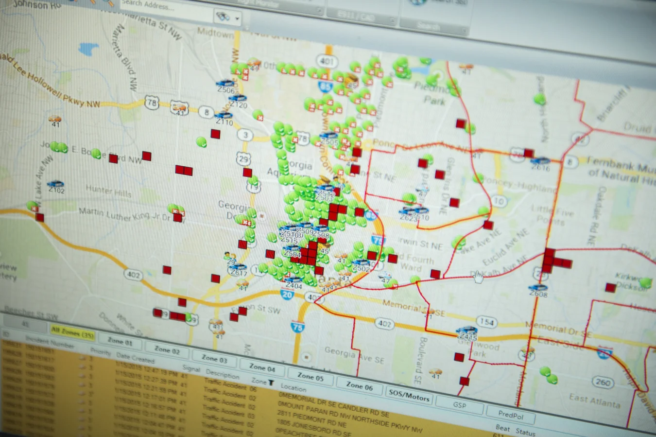 ATLANTA, GA - January 15: The Atlanta Police Department displays a city map through PredPol, a predictive crime algorithm used to map hotspots for potential crime at the Operation Shield Video Integration Center on January 15, 2015 in Atlanta, Georgia. The center is a part of Operation Shield, a joint effort with the Atlanta business community, the Atlanta Police Foundation and The Atlanta Police Department. (Photo by Ann Hermes/The Christian Science Monitor via Getty Images)