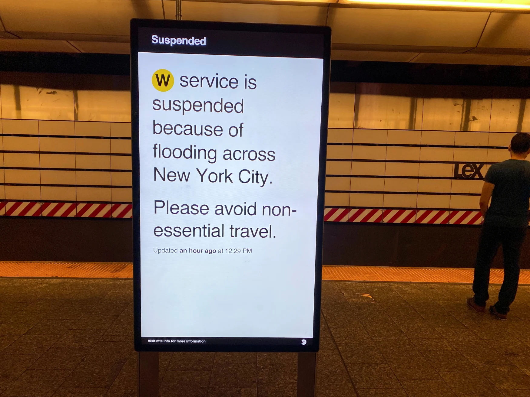 Subway service notice is seen at the 63rd St. and Lexington Avenue early afternoon in Manhattan after remnants of Hurricane Ida caused serious flooding in New York, New Jersey and Pennsylvania, in New York, U.S., September 2, 2021. REUTERS/Jonathan Oatis