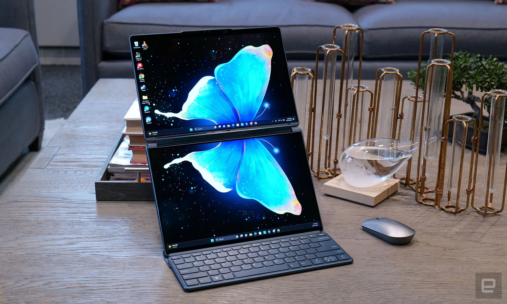 The Yoga Book 9i's stacked display setup might be its most useful mode, as it lets you keep a big project open up top while reserving the bottom screen from email, messaging and more. 