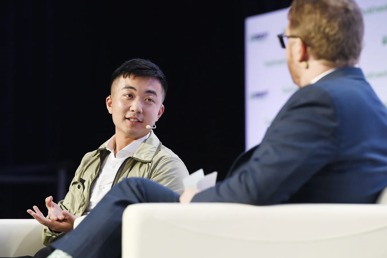 SAN FRANCISCO, CA - OCT 04: (LR) OnePlus Co-Founder Carl Pei and TechCrunch Hardware Editor Brian Heiter speak on stage during TechCrunch Disrupt San Francisco 2019 at Moscone Convention Center on October 04, 2019 in San Francisco, California.  (Photo by Steve Jennings/Getty Images for TechCrunch)